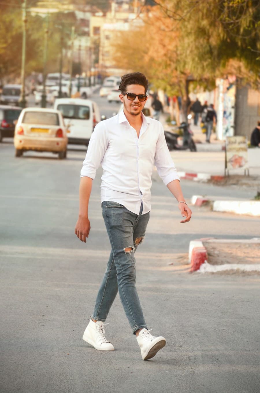 Boxy tee, straight jeans, nothing else.